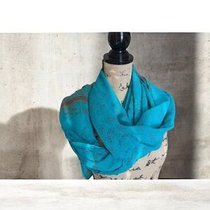Pure silk Turquoise Pashmina Beautiful Embroidery overall Luxury Royal Soft scar